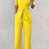 Jumpsuits & Rompers female | Temperament Solid Color Half Sleeve High Neck Slim Fit Lace-Up Jumpsuits