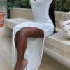 Dresses female | Solid Color V Lapel Slit Long Dress White