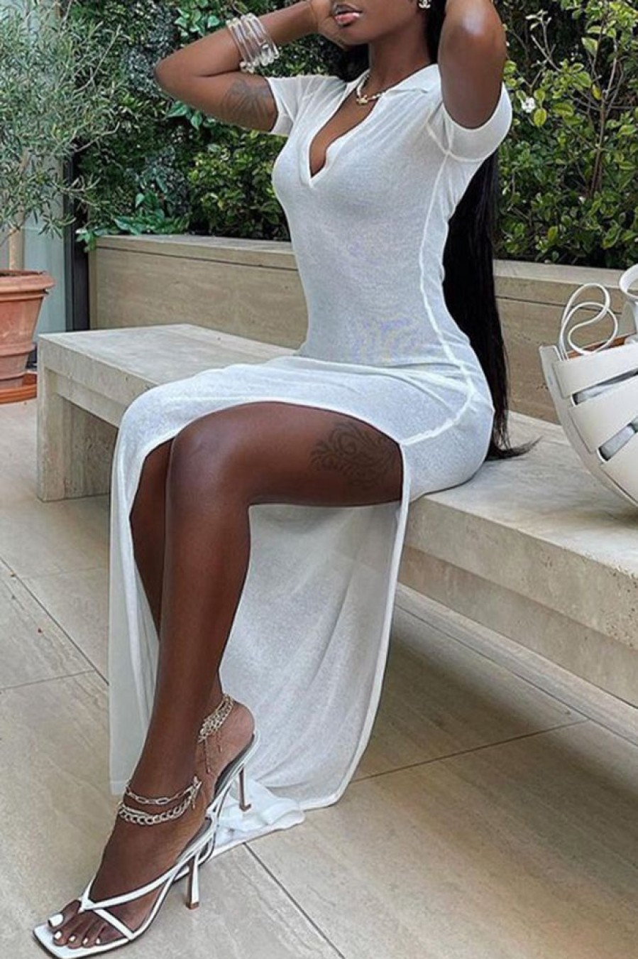 Dresses female | Solid Color V Lapel Slit Long Dress White