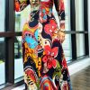 Dresses female | Sexy Print Turtleneck Long Sleeve Maxi Dress Red