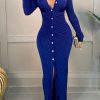 Dresses female | Sexy Single Breasted Long Sleeved Pleated Slit Maxi Dress