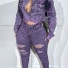 2-Pieces female | Trendy Raw Edge Short Denim Jacket Ripped Slim-Fit Jeans Suit Purple