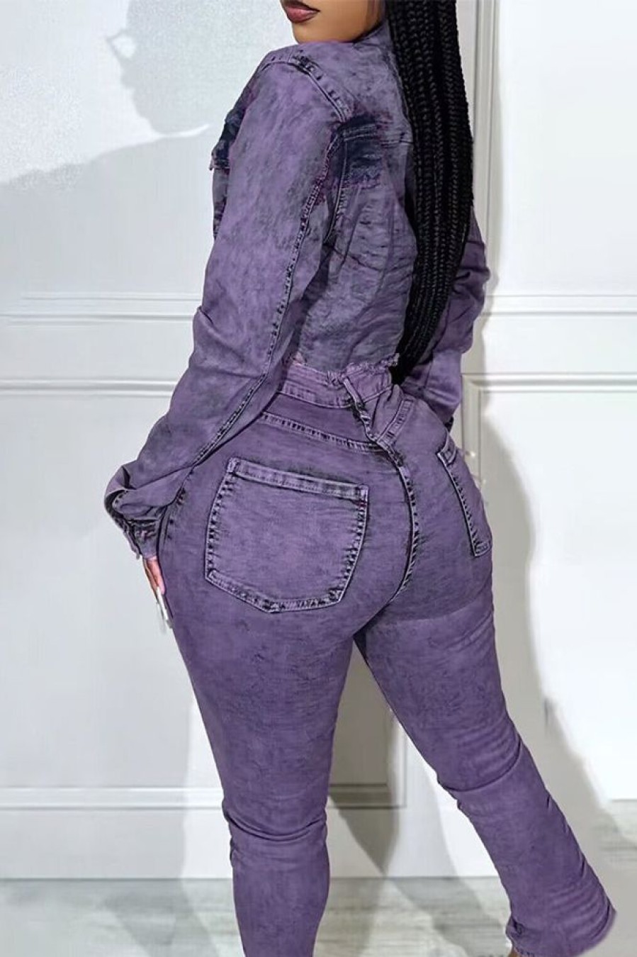 2-Pieces female | Trendy Raw Edge Short Denim Jacket Ripped Slim-Fit Jeans Suit Purple