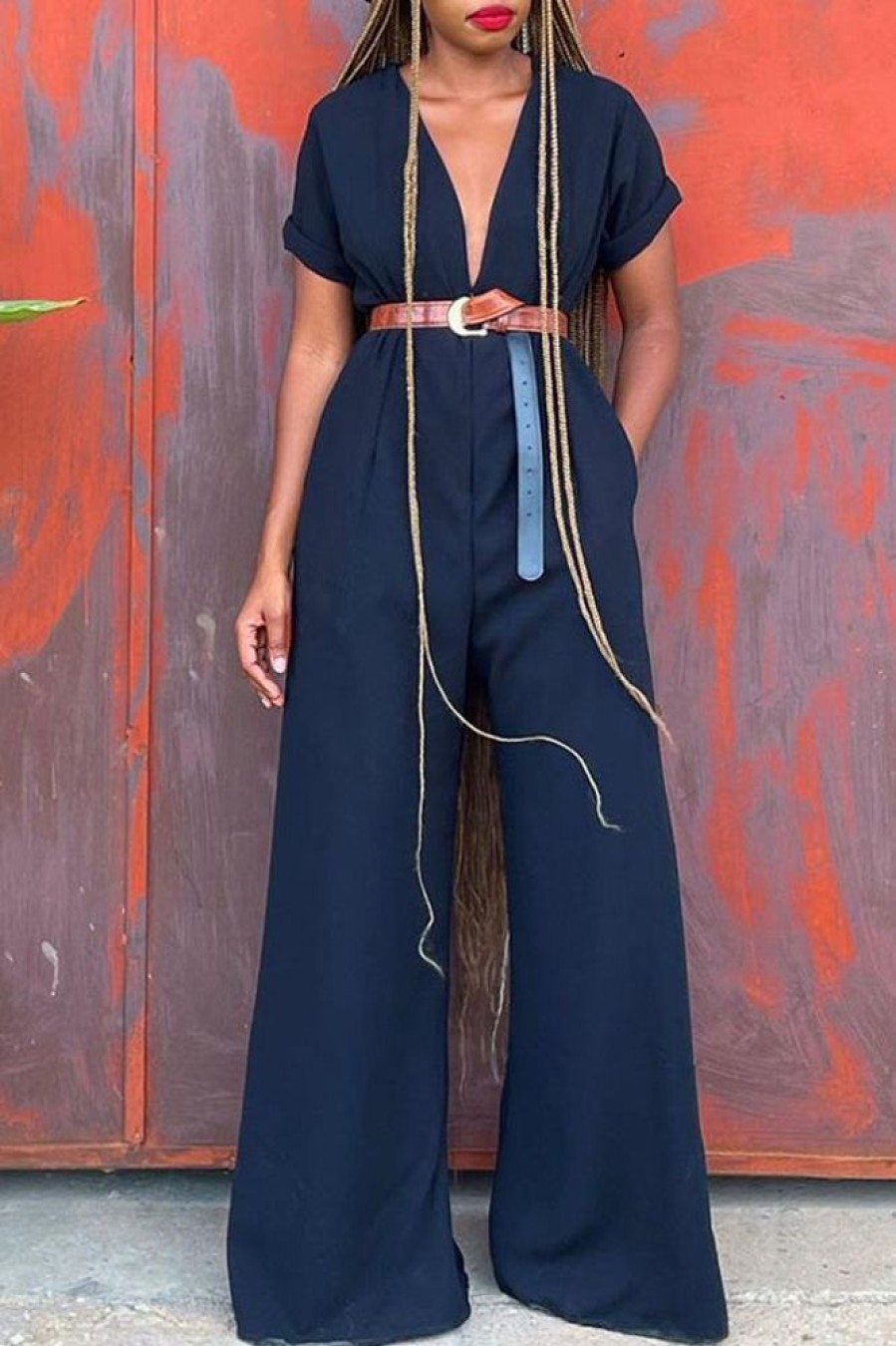 Jumpsuits & Rompers female | High Waist Slim Loose Belted Loose Pants Casual Jumpsuit Navy Blue