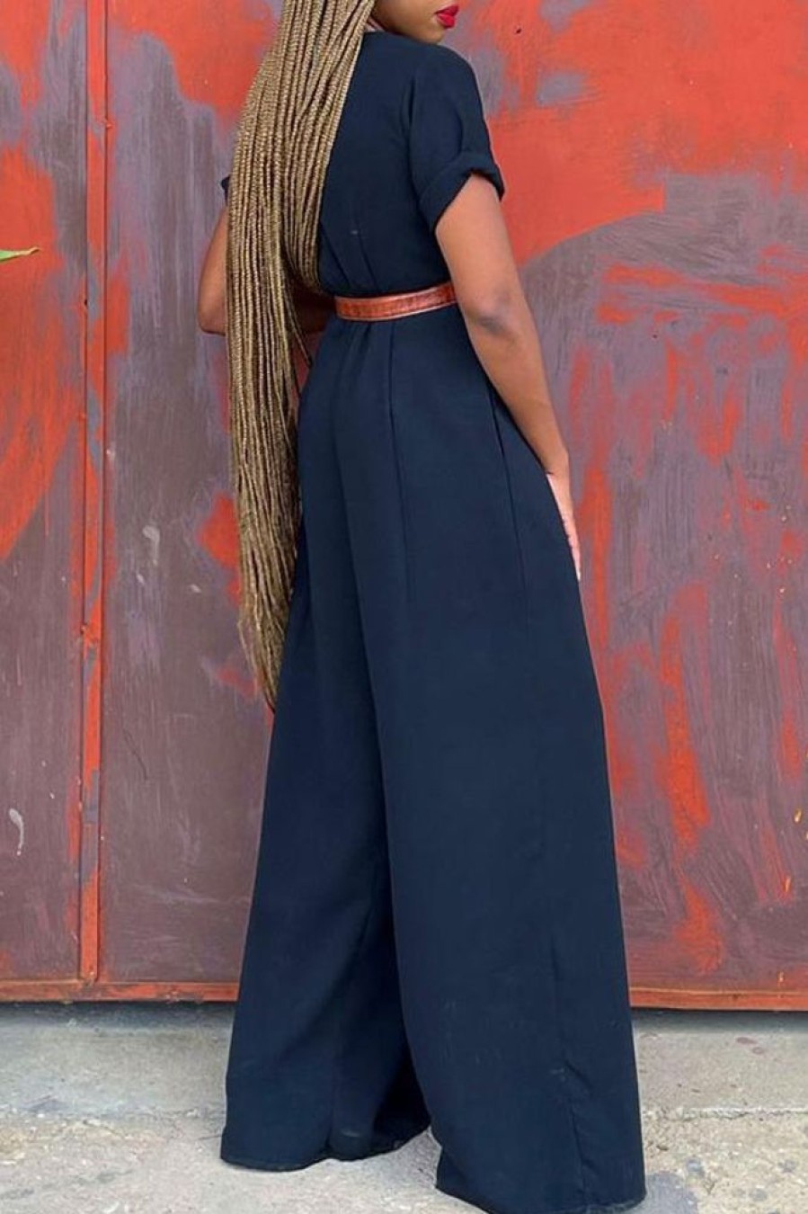 Jumpsuits & Rompers female | High Waist Slim Loose Belted Loose Pants Casual Jumpsuit Navy Blue