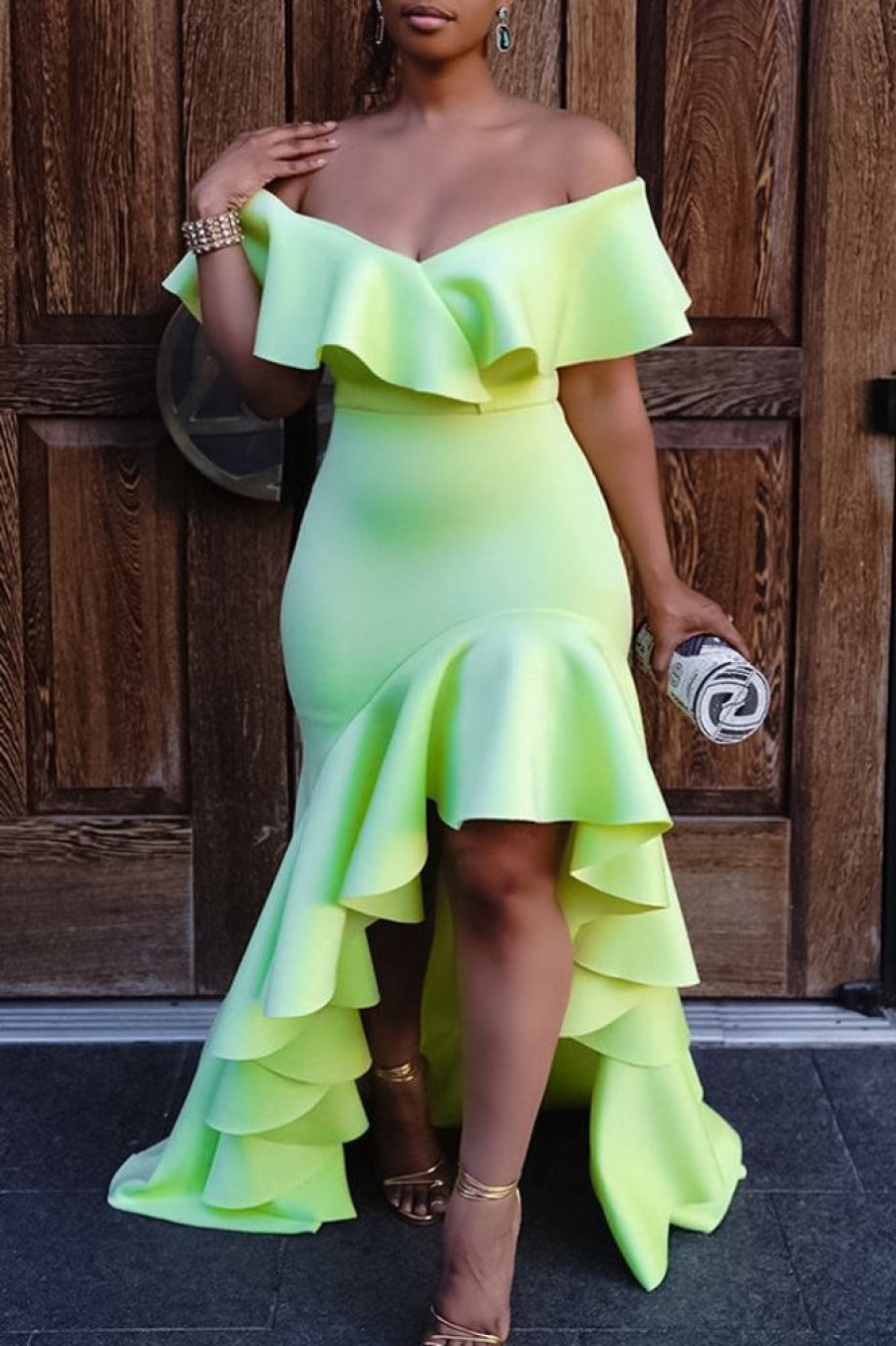 Dresses female | Pretty Solid Off The Shoulder Ruffled Dress Light Green