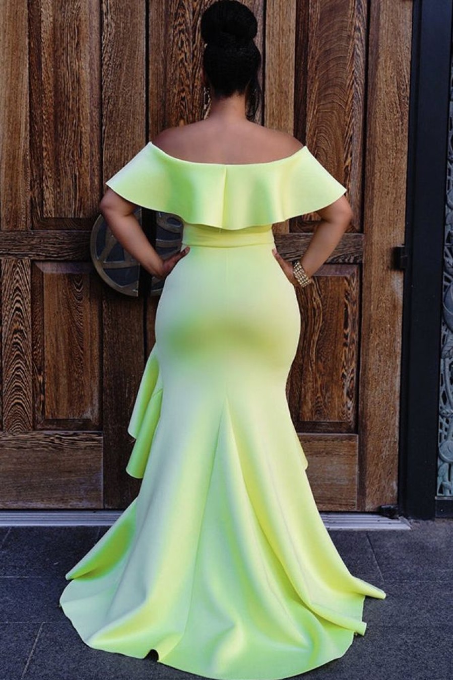 Dresses female | Pretty Solid Off The Shoulder Ruffled Dress Light Green