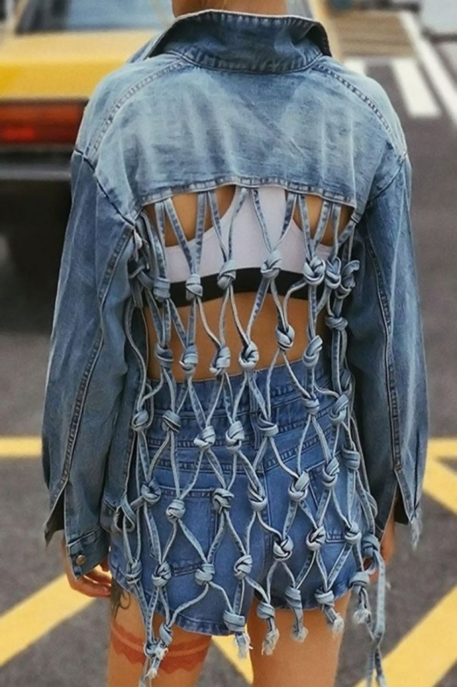 Tops & Outerwear female | Hand-Knotted Mesh Woven Tassel Denim Jacket Wathet Blue