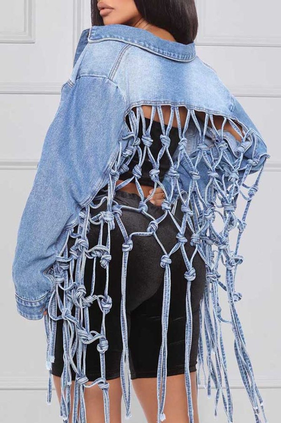 Tops & Outerwear female | Hand-Knotted Mesh Woven Tassel Denim Jacket Wathet Blue