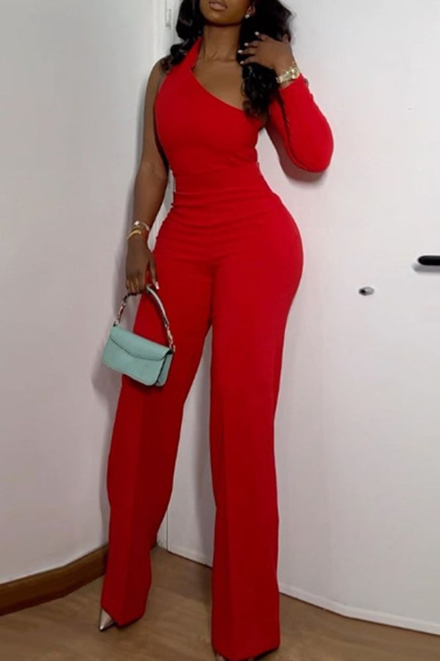 2-Pieces female | Casual Solid Color One-Shoulder Top And Wide-Leg Pants Two-Piece Set Red