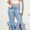 Bottoms female | Fashionable Personality Ripped Frayed Flared Jeans Wathet Blue