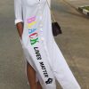 Dresses female | Slogan Letter Print Long Sleeve Slit Shirt Maxi Dress White