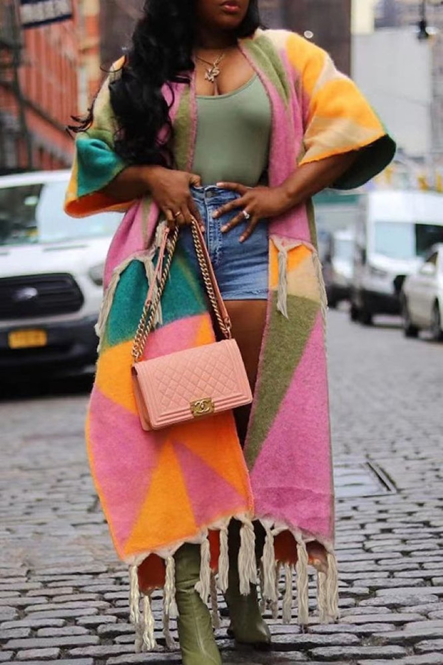 Tops & Outerwear female | Casual Color Block Fringed Knitted Jacket Pink