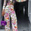 2-Pieces female | Fashion Stretch Flower Print Short Top Wide Leg Pant Suits White