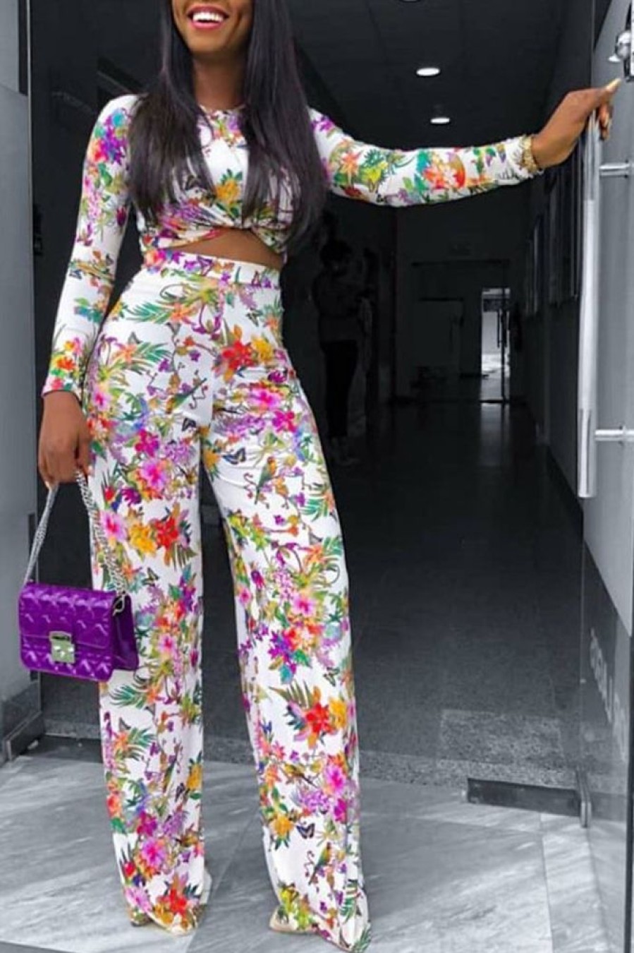 2-Pieces female | Fashion Stretch Flower Print Short Top Wide Leg Pant Suits White