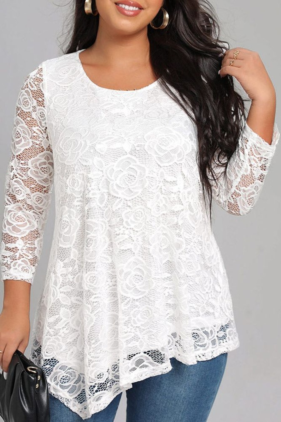 Tops & Outerwear female | Temperament Round Neck Long Sleeve Irregular Lace Plus Size Blouse White