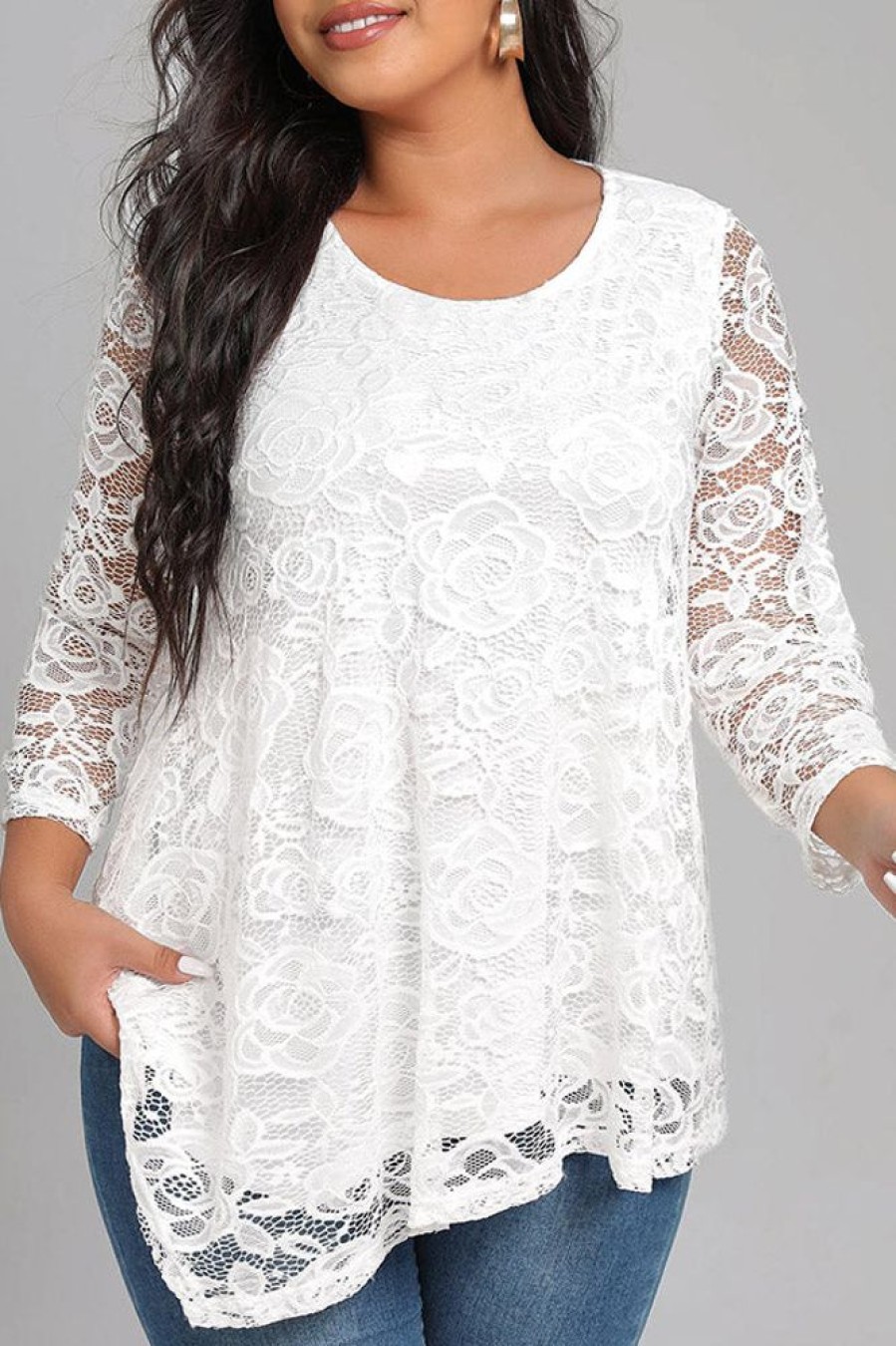 Tops & Outerwear female | Temperament Round Neck Long Sleeve Irregular Lace Plus Size Blouse White