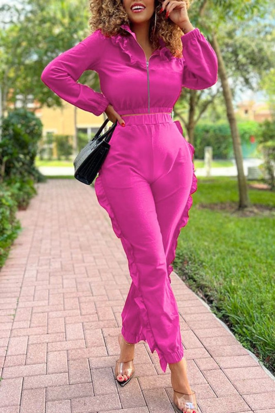 2-Pieces female | Temperament Ruffle Solid Color Zip Short Sweatshirt Ruffle Pant Suits