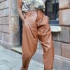 Bottoms female | Casual All-Match Solid Color Pleated Pocket Leather Pants Coffee