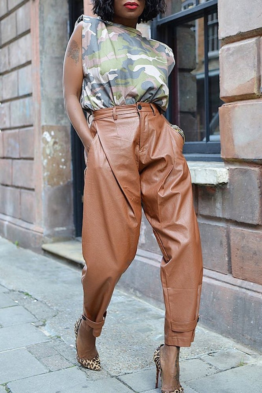 Bottoms female | Casual All-Match Solid Color Pleated Pocket Leather Pants Coffee