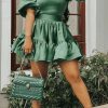 Dresses female | Retro Round Neck Puff Sleeve A-Line Mini Dress Green