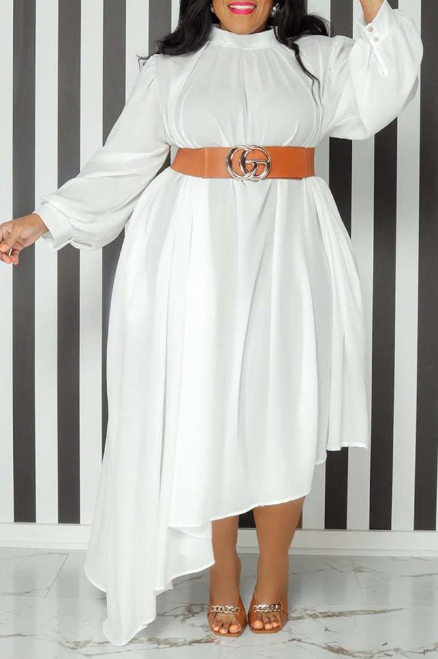 Dresses female | Fashion Solid Color Long Sleeve Five Belt Dress