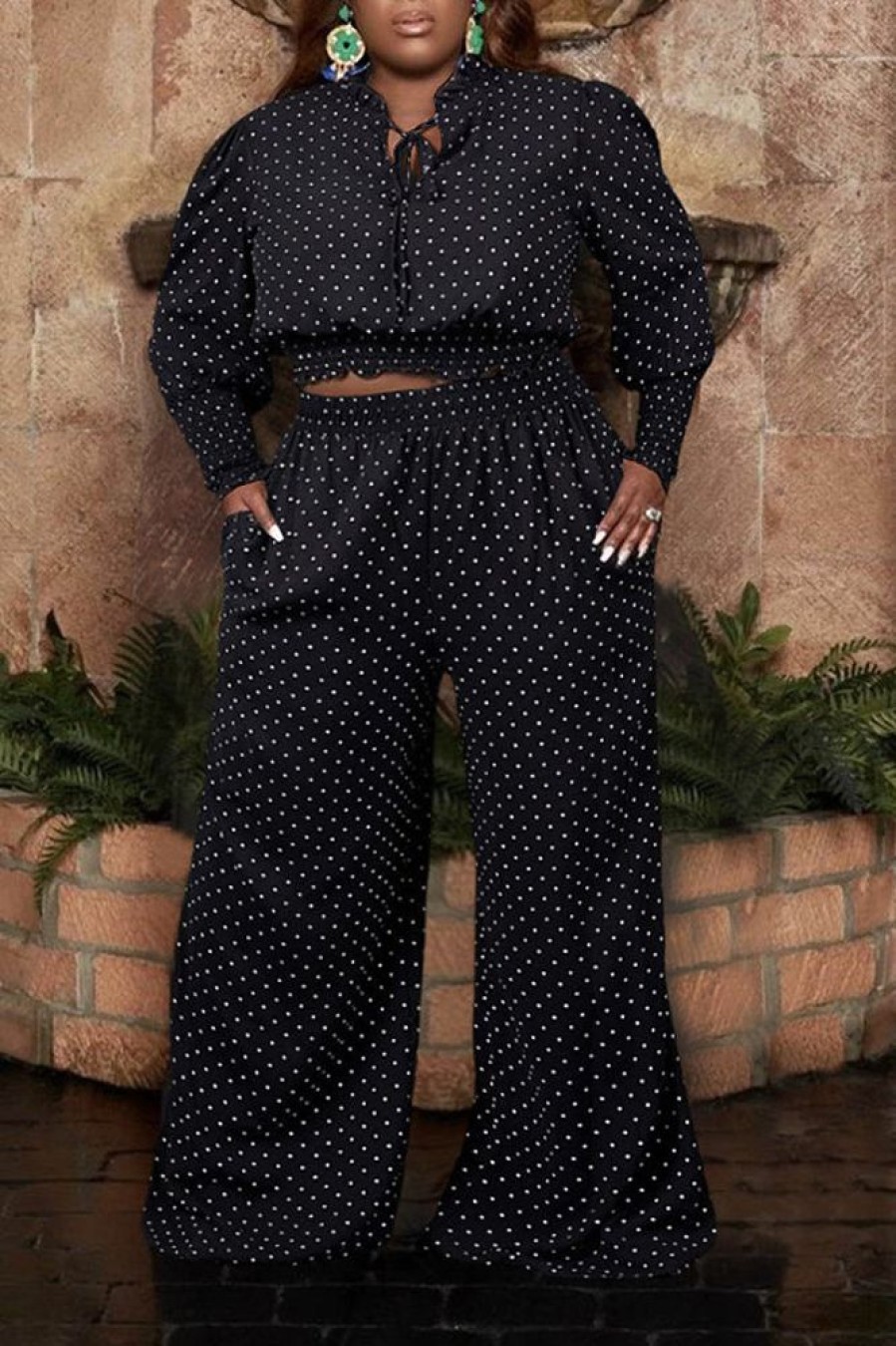 2-Pieces female | Romantic Polka Dot Print Lace-Up Plus Size Wide Leg Pant Suits Black