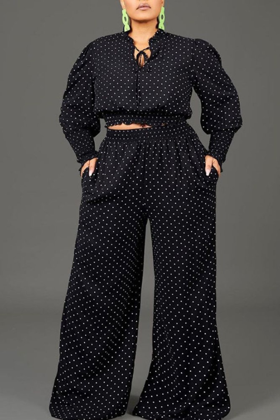 2-Pieces female | Romantic Polka Dot Print Lace-Up Plus Size Wide Leg Pant Suits Black