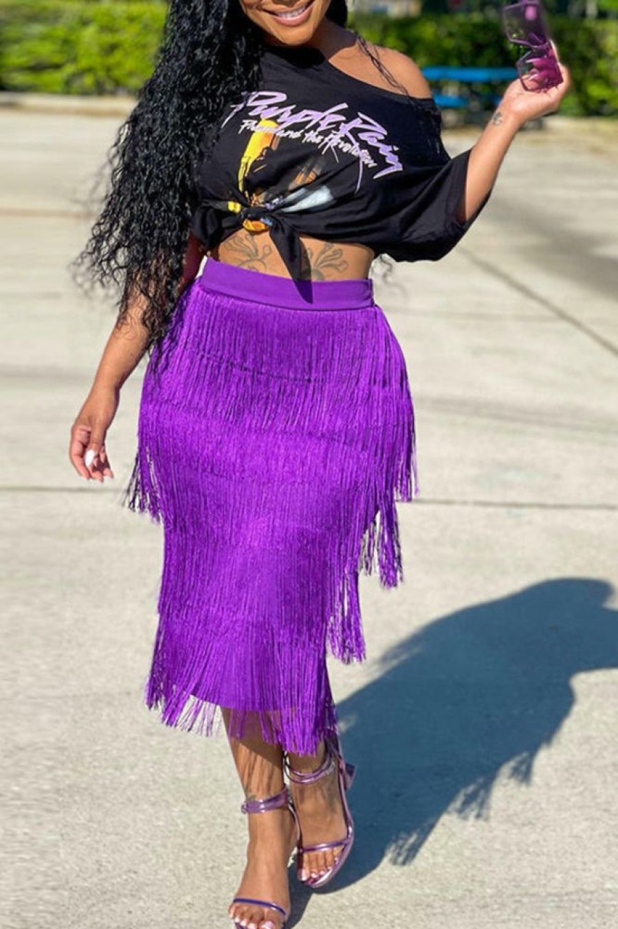 2-Pieces female | Printed Short Sleeve T-Shirt Knotted Skirt Fringe Skirt Set Purple