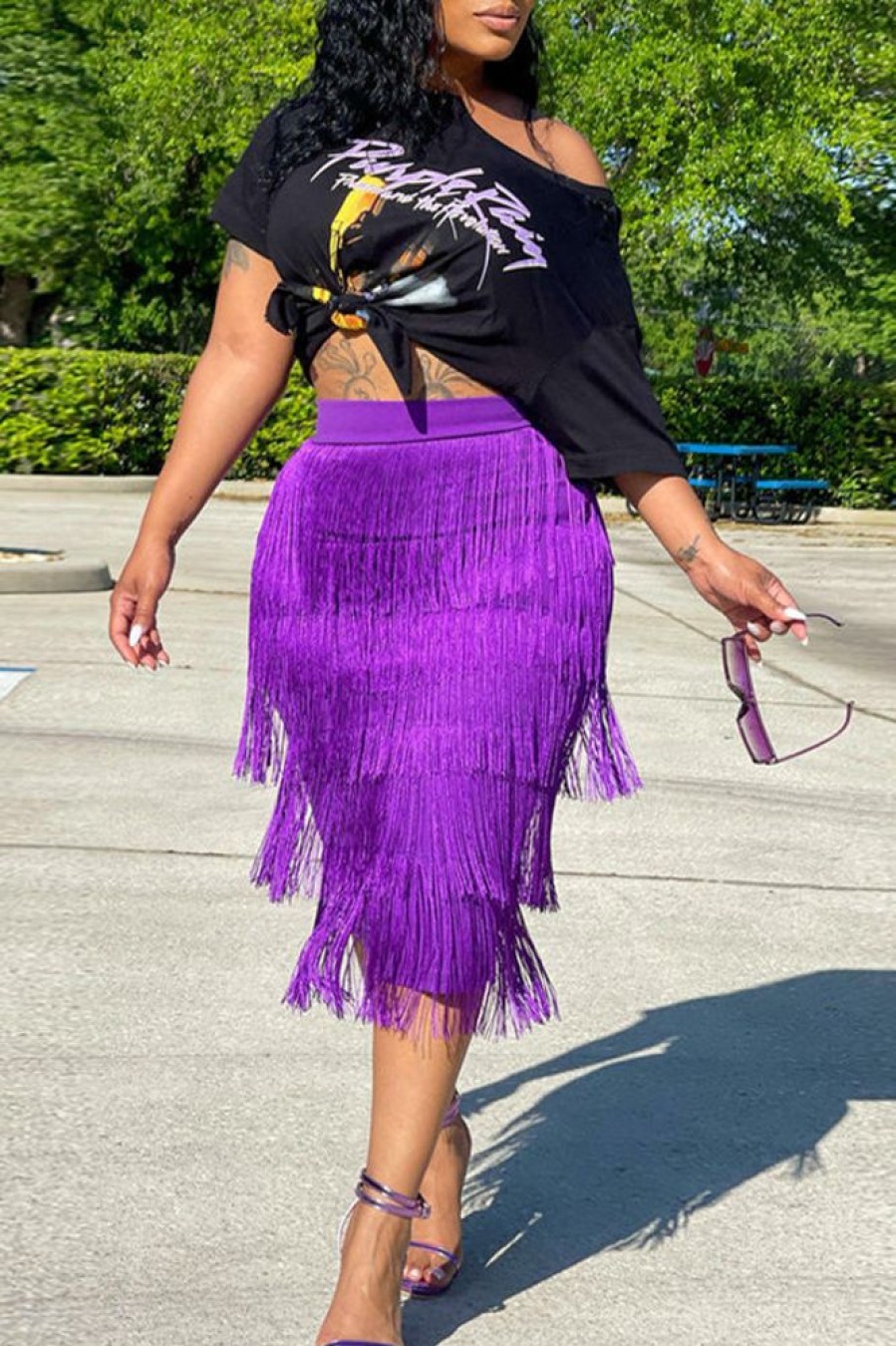 2-Pieces female | Printed Short Sleeve T-Shirt Knotted Skirt Fringe Skirt Set Purple