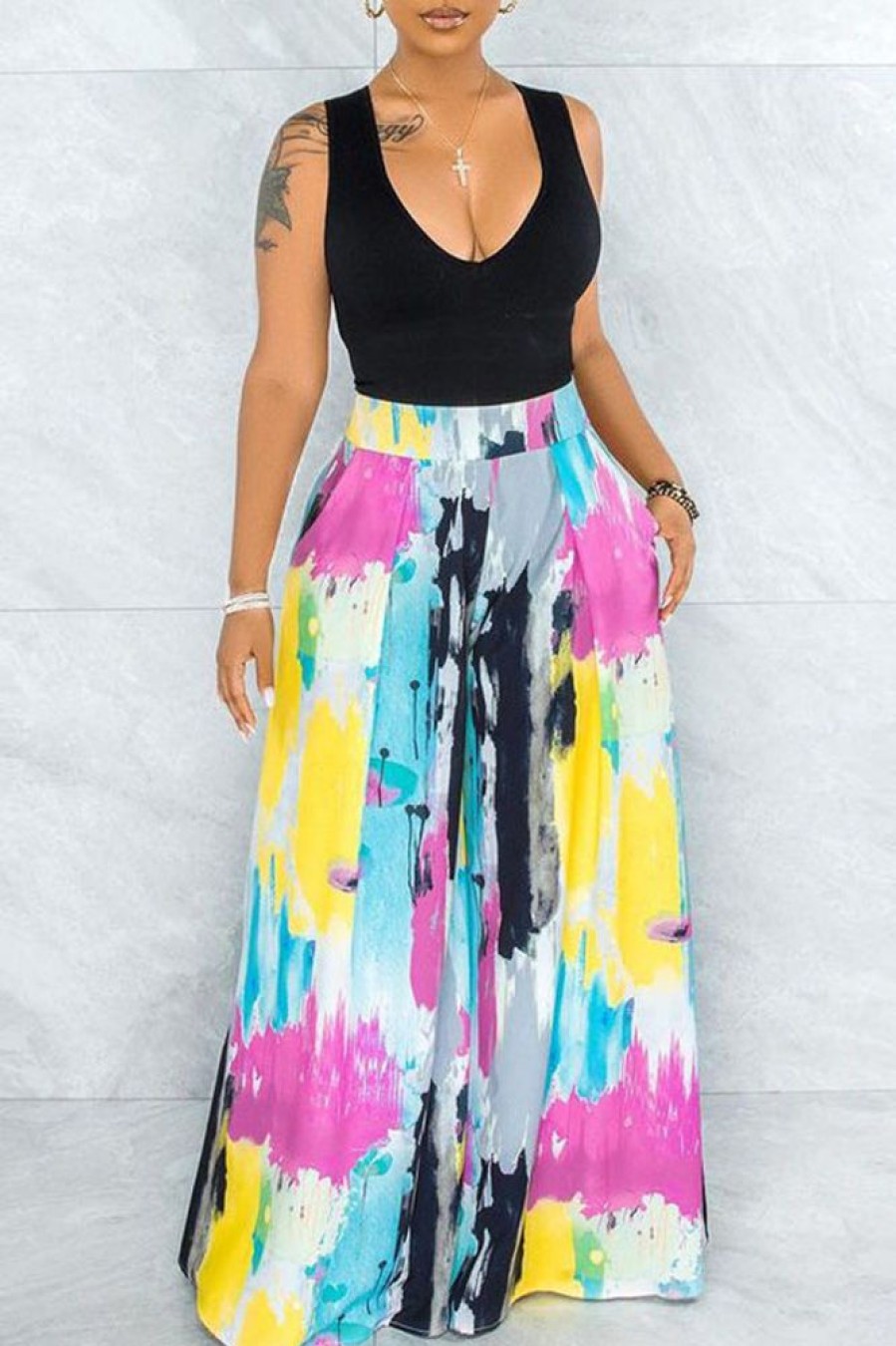 Bottoms female | Casual High Rise Color Print Wide Leg Pants Rose Red