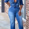 2-Pieces female | Fashion Casual Denim Shirt Top Wide Leg Pants Set Blue