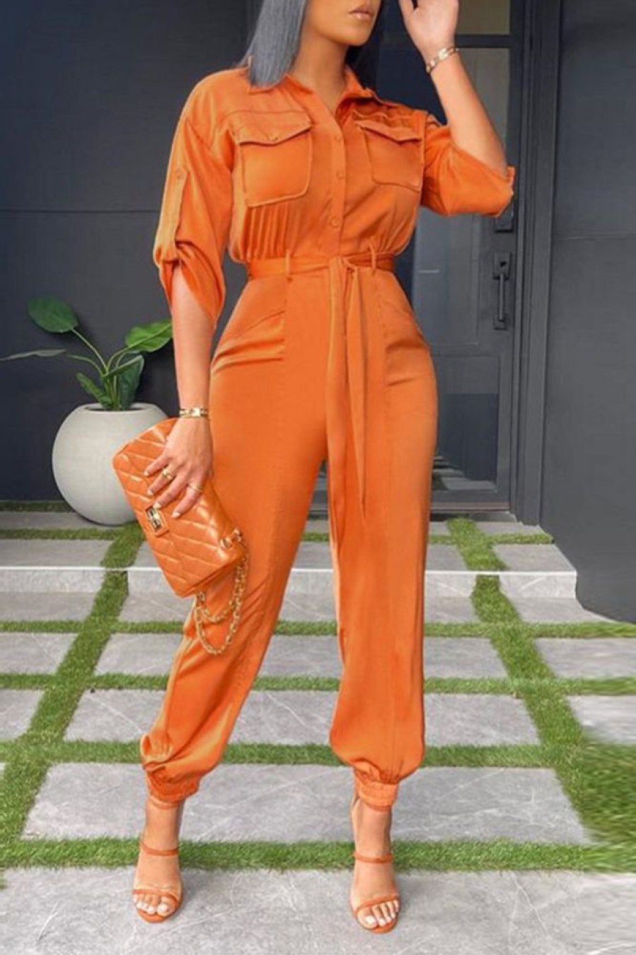 Jumpsuits & Rompers female | Solid Shirt Collar Bracelet Sleeve Tie Waist Jumpsuit Orange