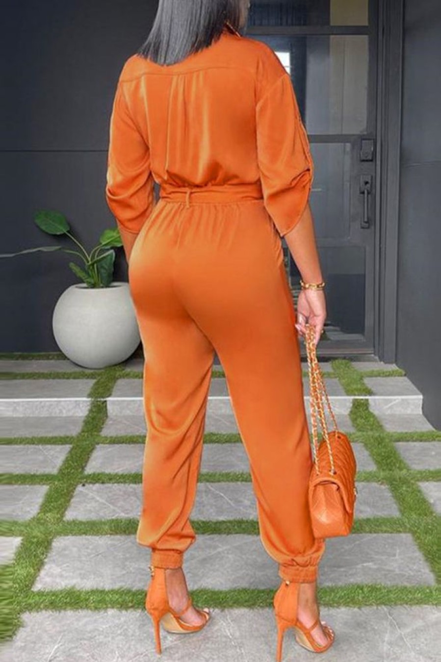 Jumpsuits & Rompers female | Solid Shirt Collar Bracelet Sleeve Tie Waist Jumpsuit Orange