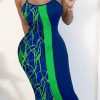 Dresses female | Temperament Stripe Stitching Print Suspender Maxi Dress Green