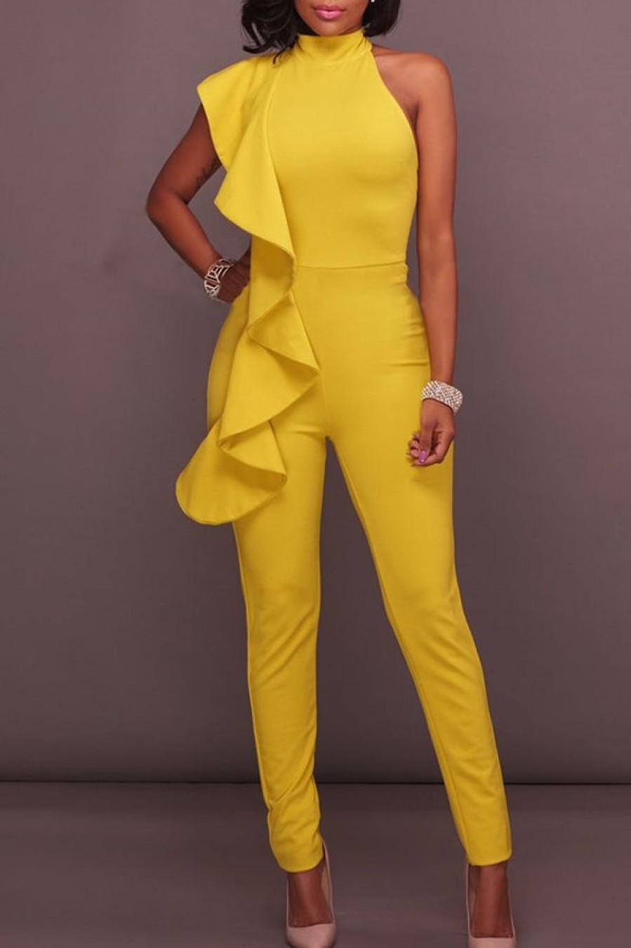 Jumpsuits & Rompers female | Solid Color Halter Ruffle Trim Sleeveless Jumpsuit Yellow