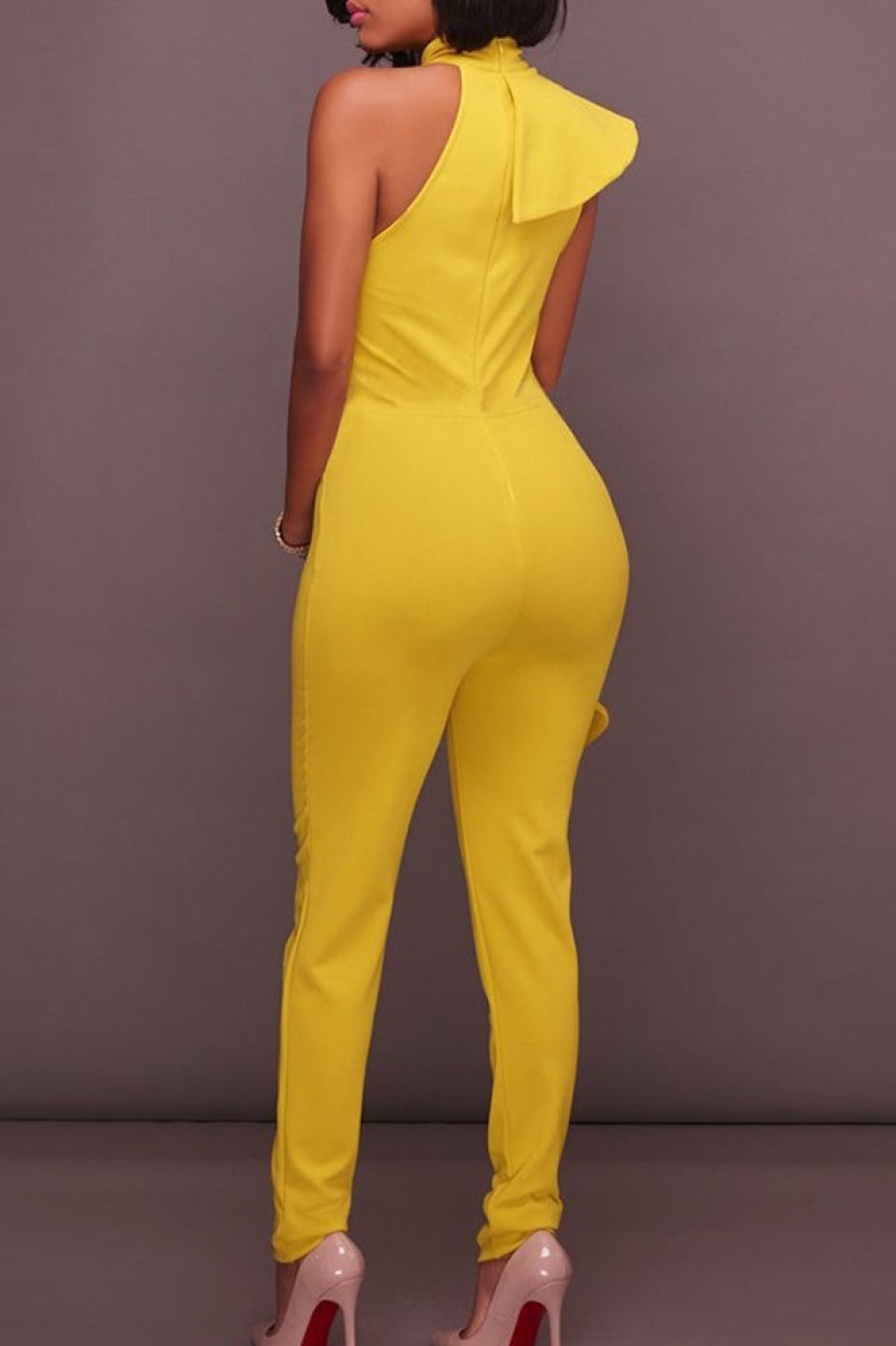 Jumpsuits & Rompers female | Solid Color Halter Ruffle Trim Sleeveless Jumpsuit Yellow