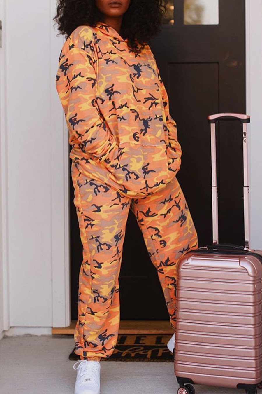 2-Pieces female | Comfortable Camouflage Print Pocket Hoodie Lounge Pant Suits Orange