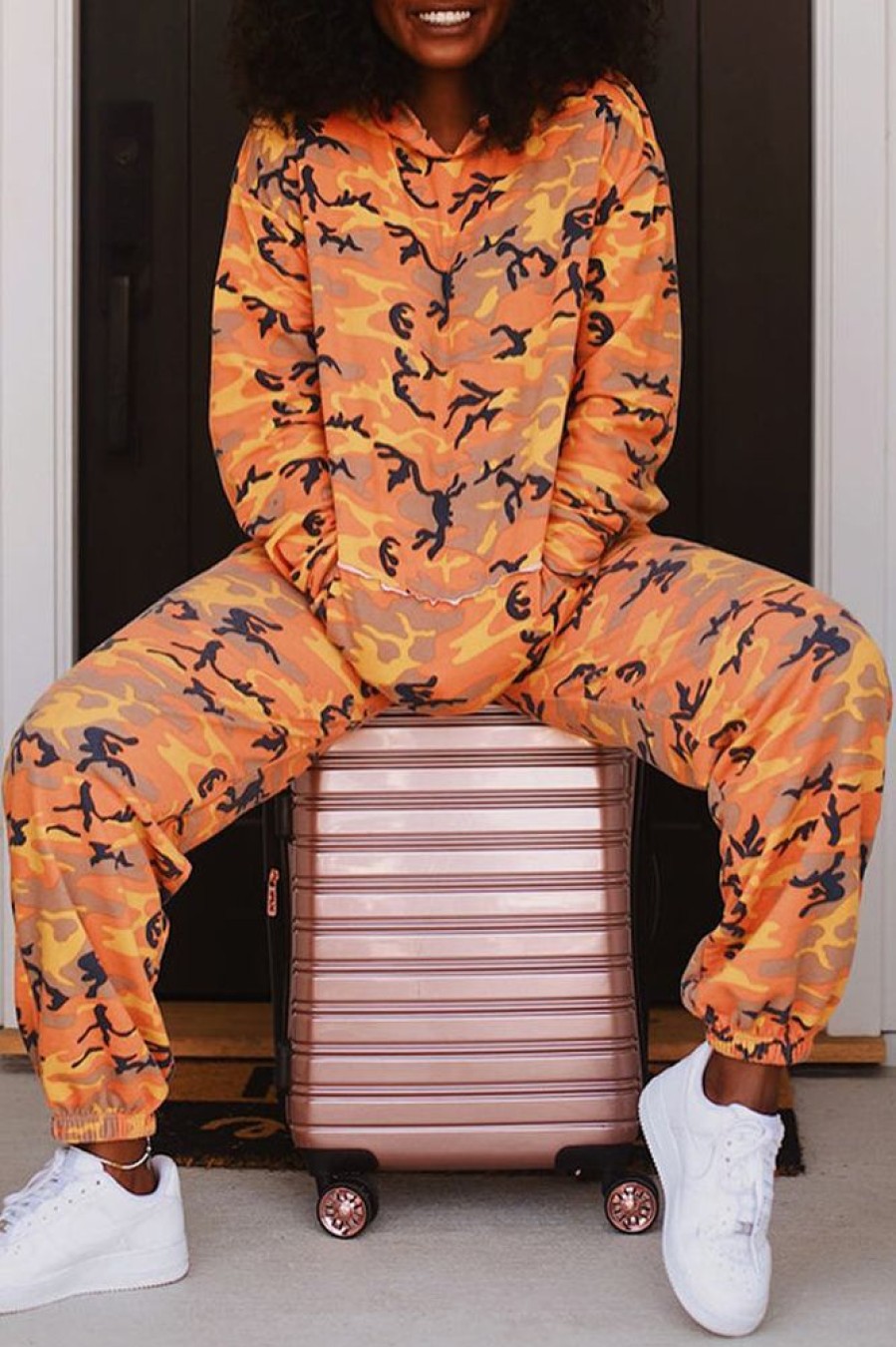 2-Pieces female | Comfortable Camouflage Print Pocket Hoodie Lounge Pant Suits Orange