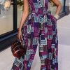 Jumpsuits & Rompers female | Round Neck Sleeveless Striped Jumpsuit Purple