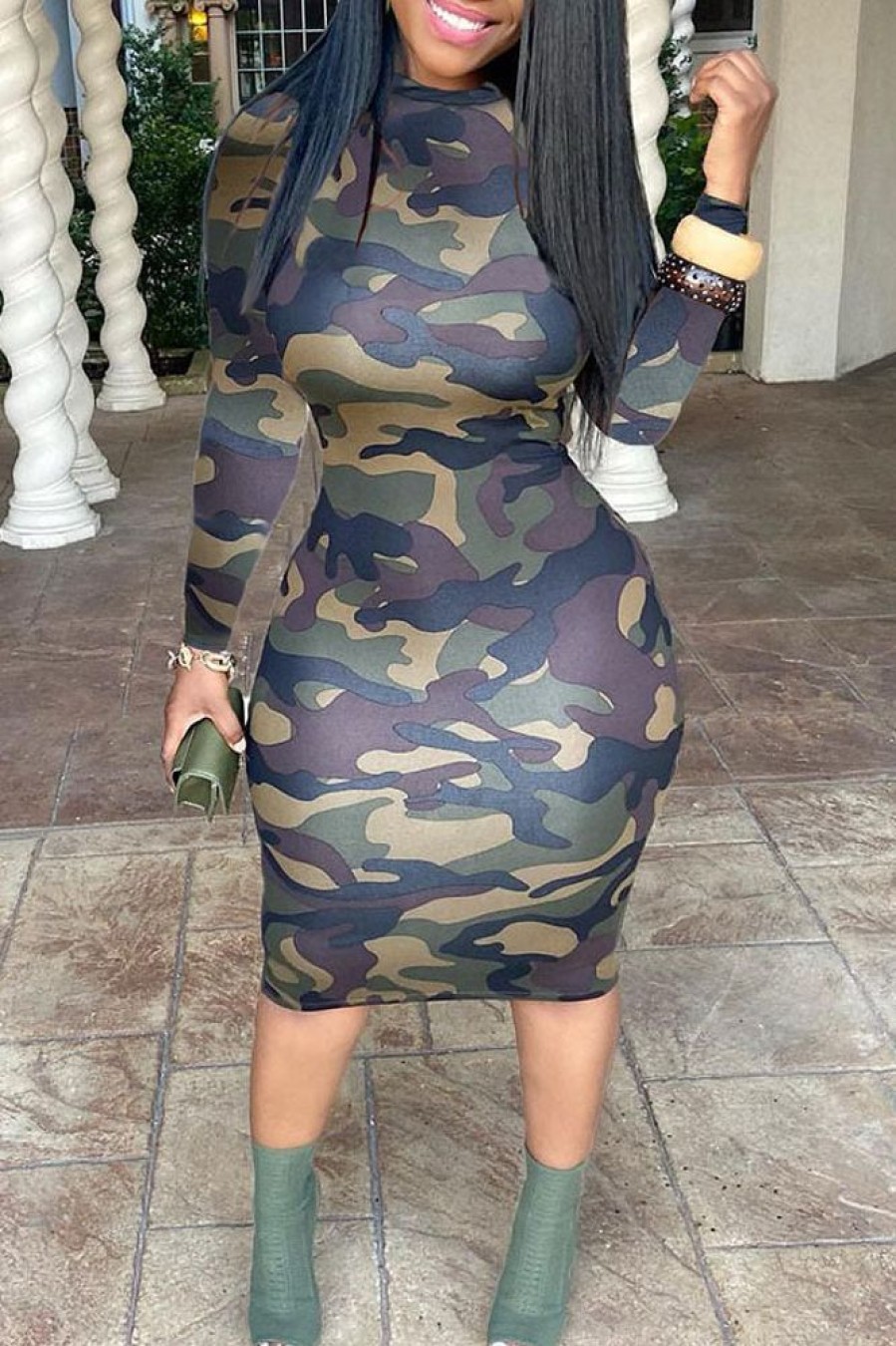 Dresses female | Camouflage Round Neck Long Sleeve Midi Dress Plus Size