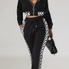 2-Pieces female | Casual Zipper Top Printed Panel Trousers Two-Piece Set Black