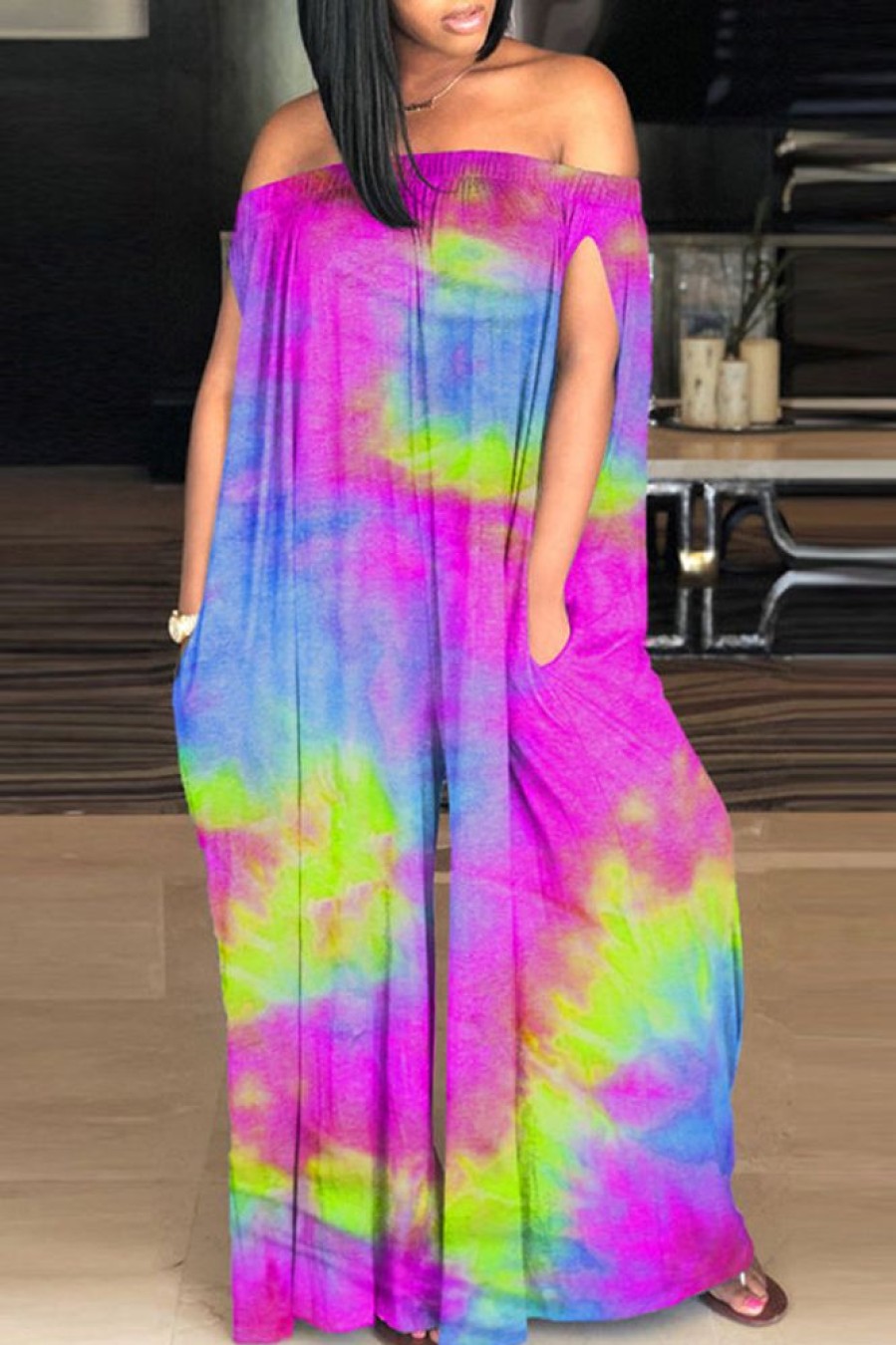 Jumpsuits & Rompers female | Fashion Casual Sexy Loose Tie-Dye Printed Pocket Jumpsuit