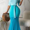 Dresses female | Fashion Gradient Color Block Stitching Fishtail Maxi Dress