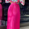 2-Pieces female | Fashion Print Half Sleeve V-Neck Short Top Solid Color Pleated Long Skirt Suits Rose Red