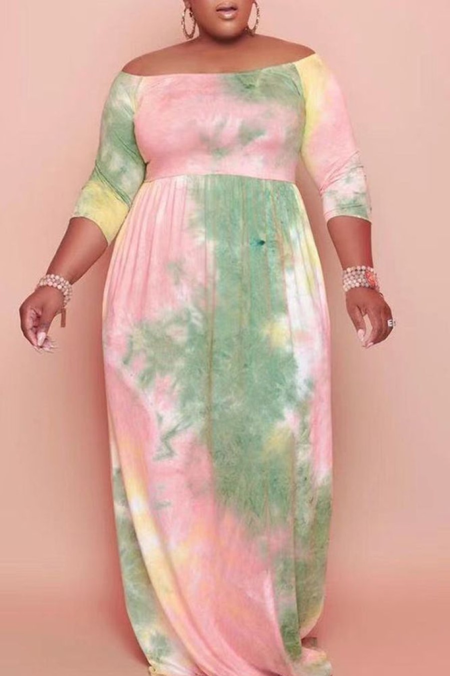 Dresses female | Temperament Tie Dye Off Shoulder Plus Size Loose Maxi Dress Pink