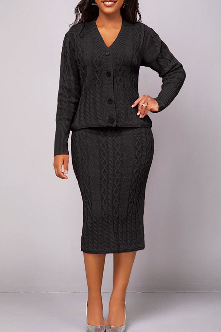 2-Pieces female | Fashionable Knitted Cardigan Skirt Two-Piece Set Black