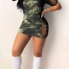 Dresses female | Fashion Ripped Casual Camouflage Mini Dress Green