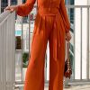 Jumpsuits & Rompers female | Classic Long Sleeve Solid Color Lace-Up Shirt Collar Wide-Leg Jumpsuits Brown