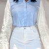 Tops & Outerwear female | Fashion Color Block Drawstring Long Sleeve Short Blouse Wathet Blue